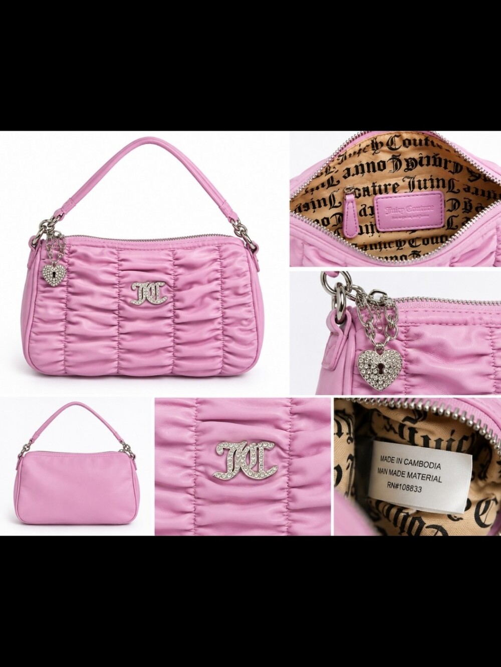 Juicy Couture Light Pink Ruched Rhinestone JC Mini Shoulder Bag Y2K